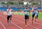 360 Elliott Hurley (City of Sheffield) wins from 390 Reece Sims (Derby AC) 2nd and Jack Hepple (Morpeth) 3rd in the under-20 mens 100 metres, Northern Senior and Under-20 Champs., Sport City, Manchester. Photo: David T. Hewitson/Sports for All Pics